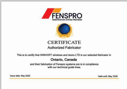 Fenspro Authorized Fabricator certificate for Winhoff windows and doors LTD, Ontario, Canada